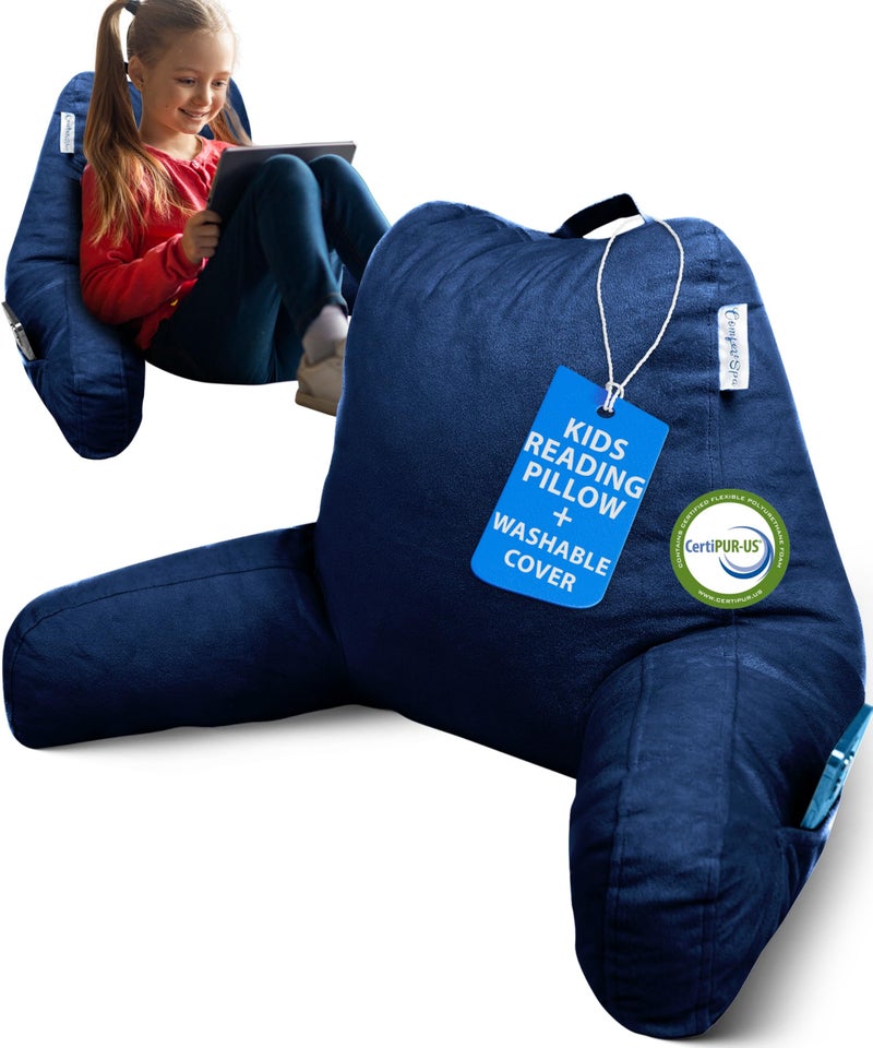 ComfortSpa Reading Pillow for Bed Adult Size, Back Rest Pillow with Arms, Pockets, Washable Cover; Use as Back Pillow for Bed Sitting Up for Bedrest or Relief from GERD Heartburn (Standard Navy Blue) - Image 1