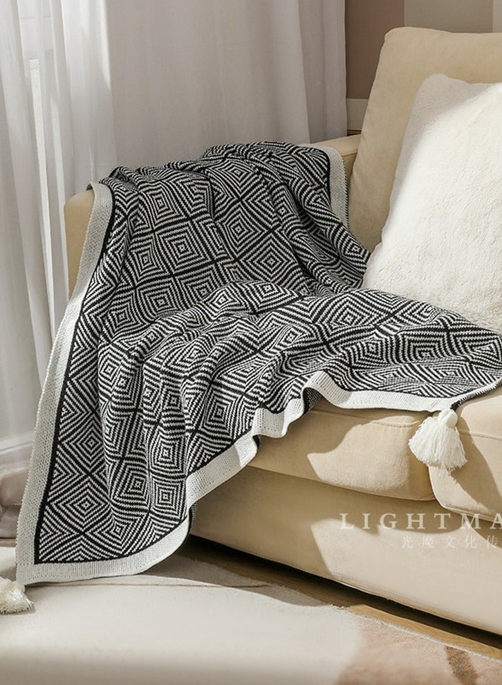 Loquat Bohemian Style Knitted Jacquard Weave Soft Throw Blanket Black/White  - Image 1