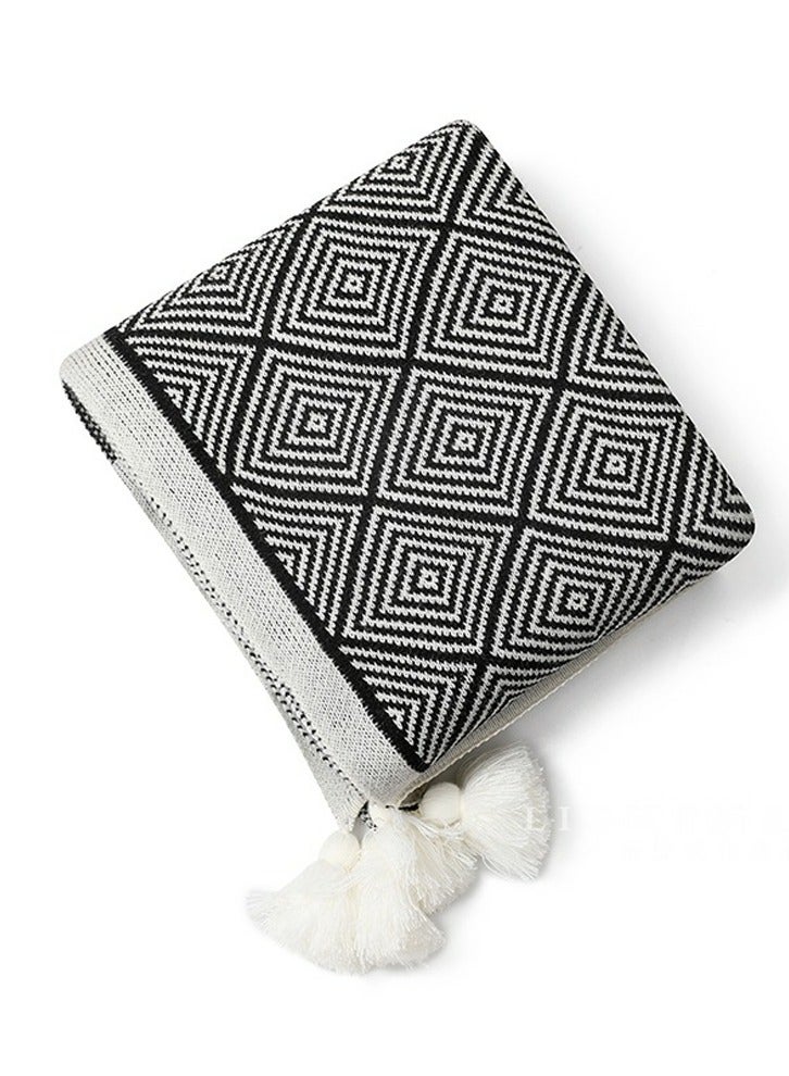 Loquat Bohemian Style Knitted Jacquard Weave Soft Throw Blanket Black/White  - Image 3