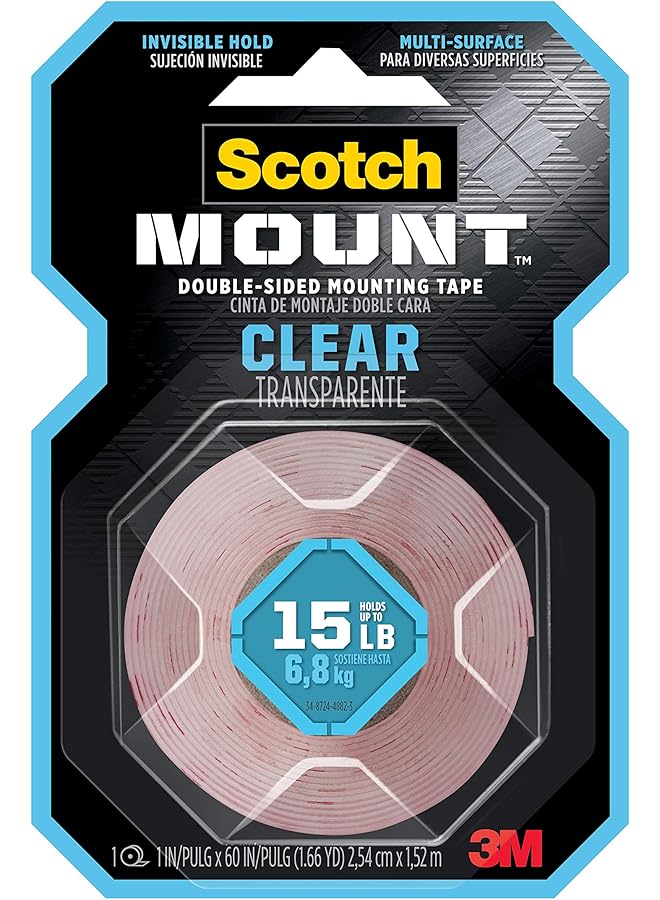 Scotch  Mount Clear Tape 1 In X 60 In 2.54Cm X 1.52M 1 Roll Pack Holds 6.8 Kg Whole Roll Transparent Color Multi Surface Easy To Use No Tools Double Sided Adhesive Tape - Image 1