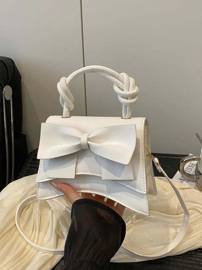 Take Two White Bow Handbag with Adjustable Strap