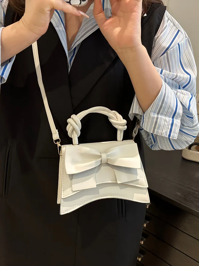 Take Two White Bow Handbag with Adjustable Strap