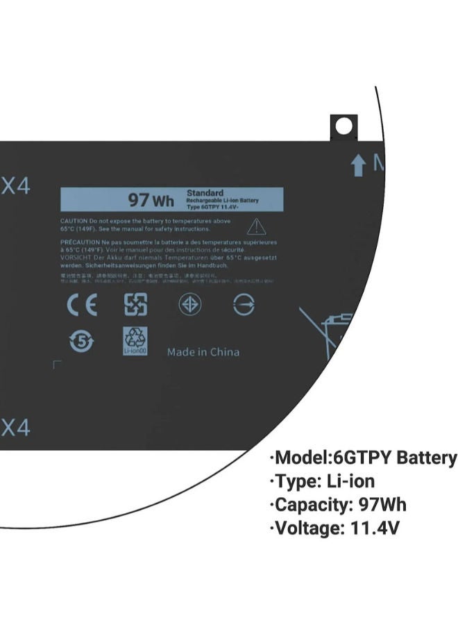 لاب-تك بطارية كمبيوتر محمول متوافقة مع أجهزة Dell XPS 15 9550 و9560 و9570 / Precision 5520 و5530 - تناسب أرقام الأجزاء 6GTPY و5XJ28 وGPM03 - 97 واط/ساعة - 11.4 فولت - ضمان لمدة 6 أشهر من LAPTECH - Image 4