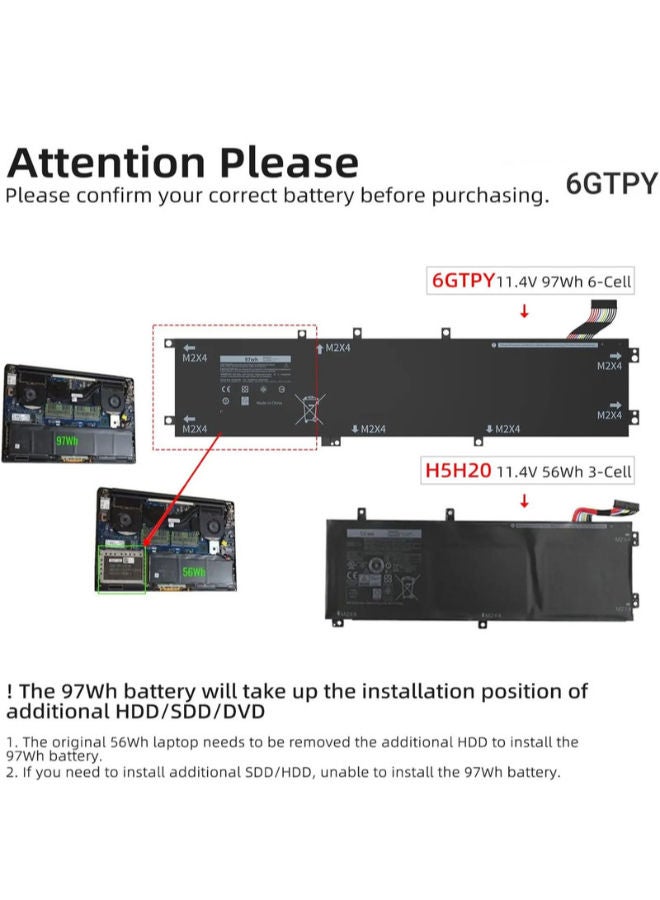 لاب-تك بطارية كمبيوتر محمول متوافقة مع أجهزة Dell XPS 15 9550 و9560 و9570 / Precision 5520 و5530 - تناسب أرقام الأجزاء 6GTPY و5XJ28 وGPM03 - 97 واط/ساعة - 11.4 فولت - ضمان لمدة 6 أشهر من LAPTECH - Image 3