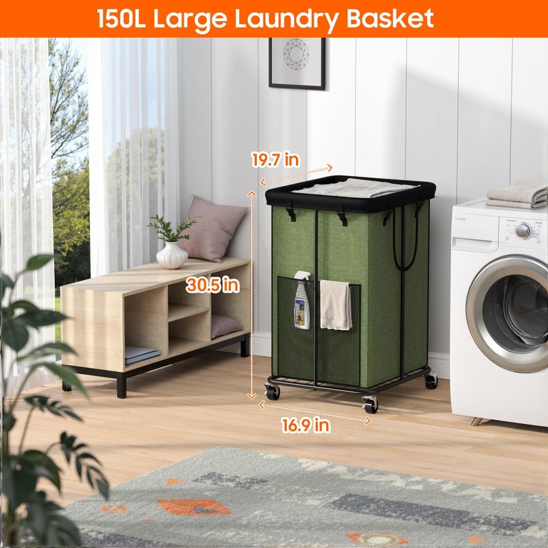 Olldide 150L Laundry Hamper with Wheels, Rolling Laundry Basket with Metal Frame and Removable Bag, Large & Tall Dirty Clothes Hampers for Bedroom Aesthetic, Laundry Room, Bathroom, Dorm-Green - Image 2