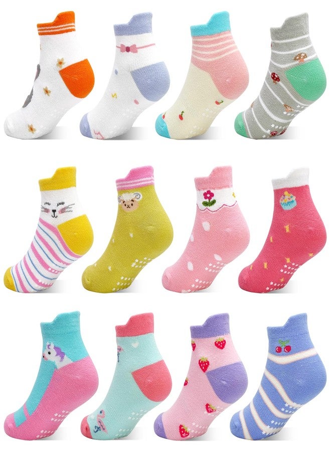 GRPSKCOS Toddler Socks Girls, Non Slip 12 Pairs Kids Ankle Socks with Grippers for 1-7 Years Children(#1 Cute Rabbit Style, 1-3T) - Image 1