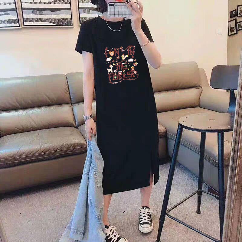 Korean casual summer new simple dress 2021 pullover loose printed dress womens shirt a generation of hair 2309 Black 