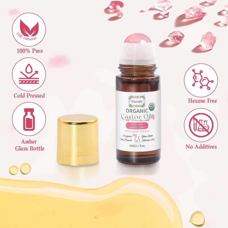 Warmify Organic Castor Oil with Rose Quartz Roll On for Body 50ml Large Bottle, Crystal Roller for Skin Moisturizing, Stretch Marks & Dry Areas, Cold-Pressed, Hexane-Free, Relaxing Self-Care Gifts for Women - Image 2