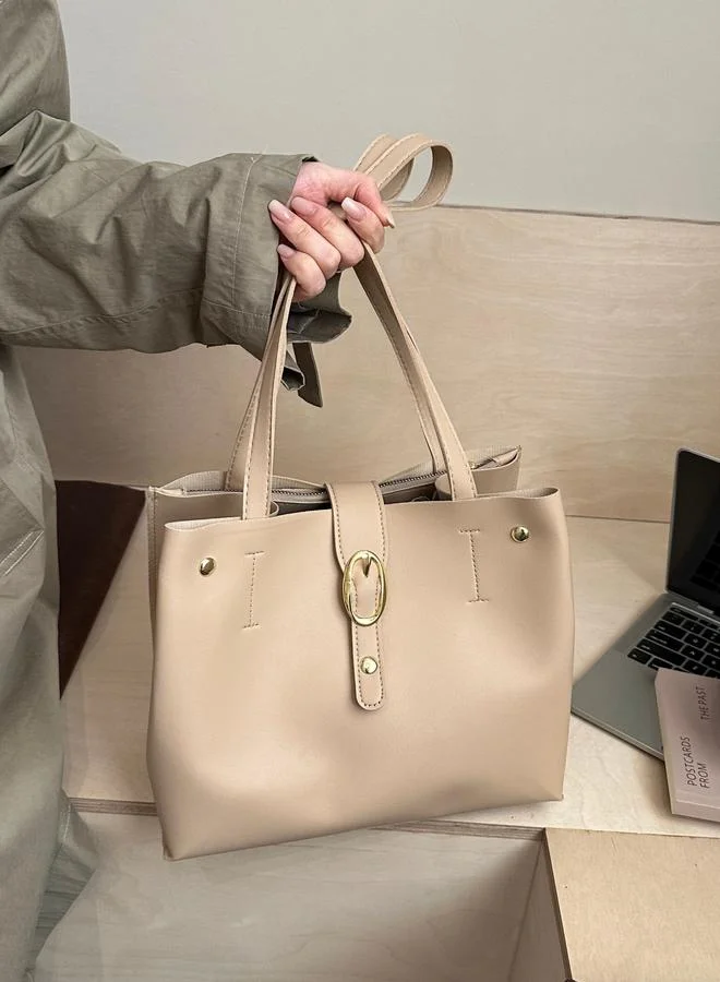 تايك تو Beige Shoulder Bag with Buckle Detail