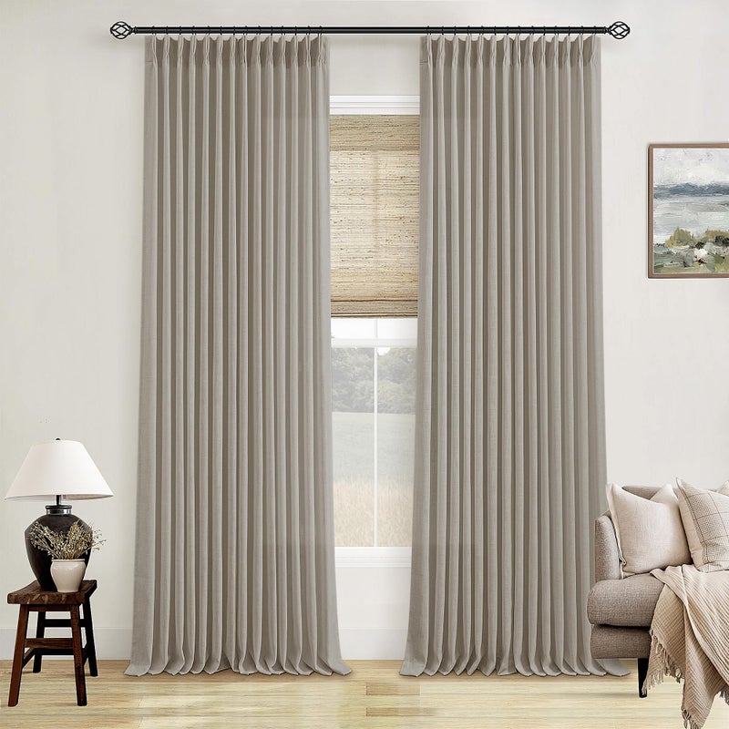 TWODRAPES Flax Burlap 90 Inch Pinch Pleated Linen Curtains 2 Panel Set for Living Room Thick Linen Textured Drapes 90 Inches Long Pinch Pleat Drapes Semi Sheer Curtain for Dining Bedroom Office Dark Taupe - Image 1