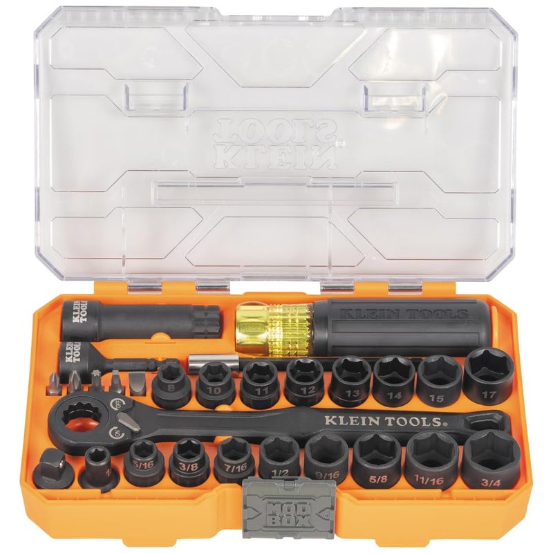 Klein Tools 65400KNECT KNECT Essential Pass Through Impact Socket Set SAE and Metric 90Tooth Ratchet MODbox Case 38Inch Drive 28Piece