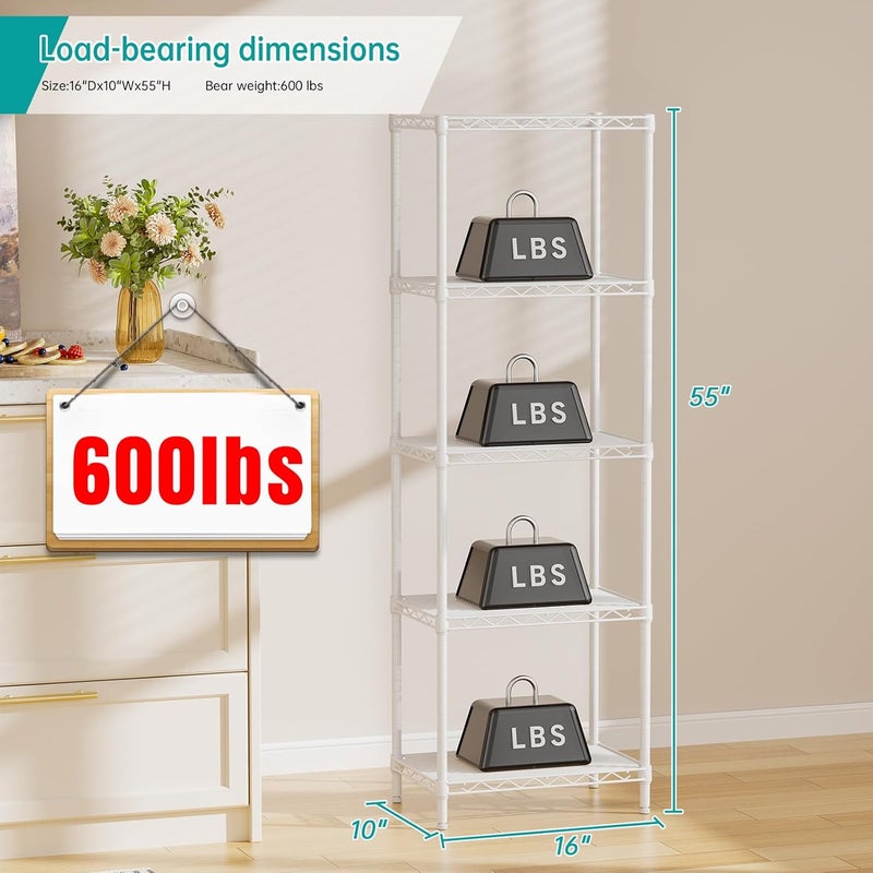 SINGAYE Estantes para Cocina 5 Tier Shelf Wire Cabinet Bathroom Organizer Metal Pantry Kitchen Small Garage Shelf Laundry Room Organization Corner Shelf White 10"D x 16"W - Image 2