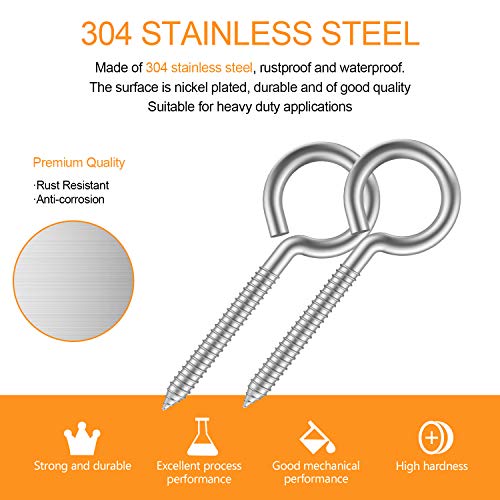 ZUSFUL 20pcs 2-3/4” 304 Stainless Screw Eyes Small Eyelet Screws Lag Eyebolt Steel Heavy Duty Hook Duty Lag Thread Eyebolt (20 pcs 2-3/4") - Image 3