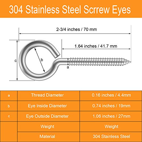 ZUSFUL 20pcs 2-3/4” 304 Stainless Screw Eyes Small Eyelet Screws Lag Eyebolt Steel Heavy Duty Hook Duty Lag Thread Eyebolt (20 pcs 2-3/4") - Image 2