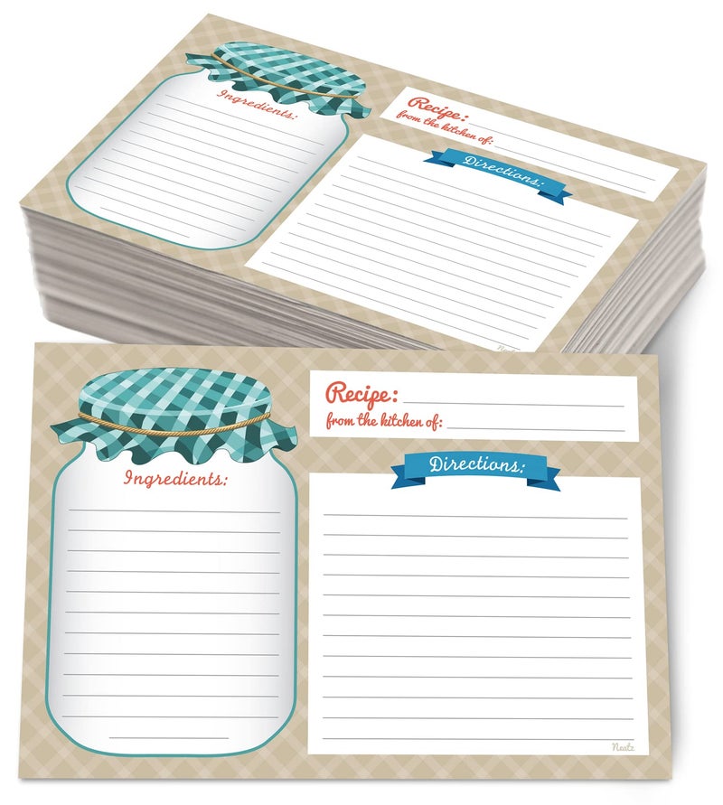 Neatz Mason Jar Recipe Cards  50 Double Sided Cards 4x6 inches Thick Card Stock