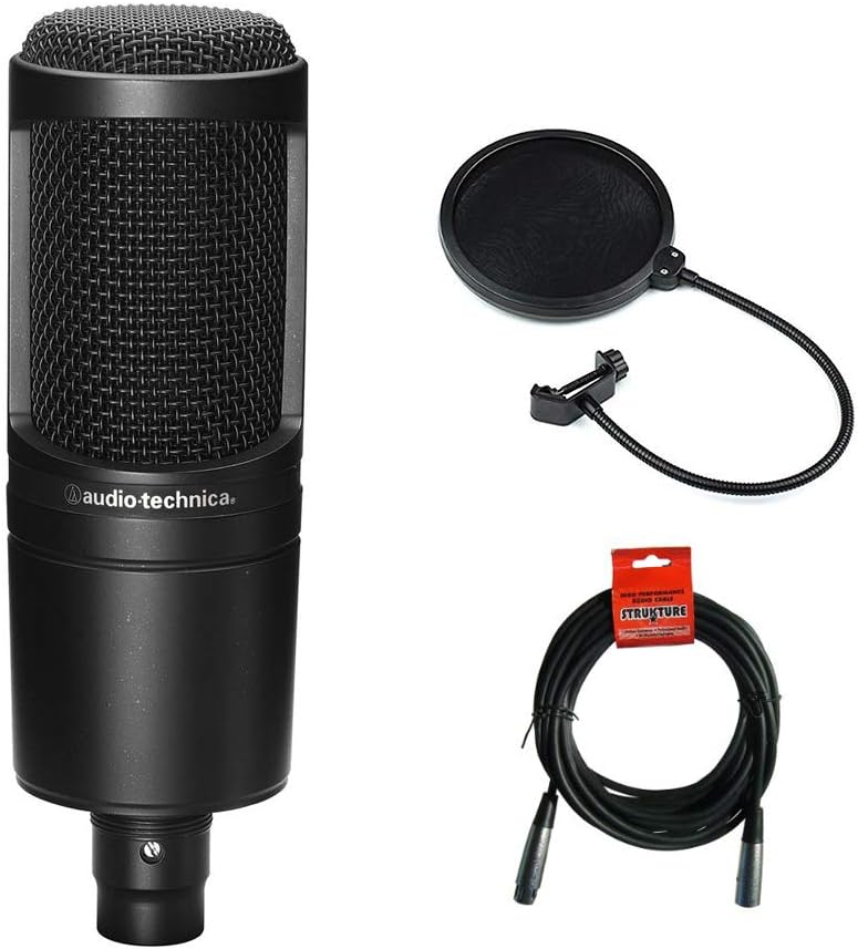 Audio-Technica AT2020 Condenser Studio Microphone Bundle with Pop Filter and XLR Cable - Image 1