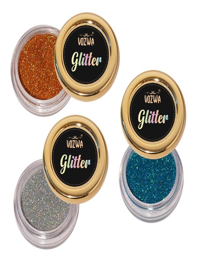 Vozwa Professional Holographic Glitter Eyeshadow Set (Golden + Silver + Sky Blue) - Image 1