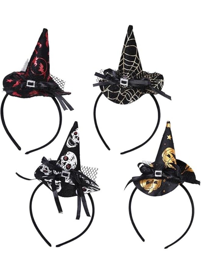 4 Pcs Halloween Headbands, Assorted Halloween Headwear, Witch's Hat Hairband, Halloween Element Headbands, Pumpkin Spider Bat Skull Headwear for Halloween Party Decoration - Image 1
