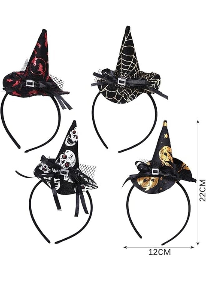 4 Pcs Halloween Headbands, Assorted Halloween Headwear, Witch's Hat Hairband, Halloween Element Headbands, Pumpkin Spider Bat Skull Headwear for Halloween Party Decoration - Image 2