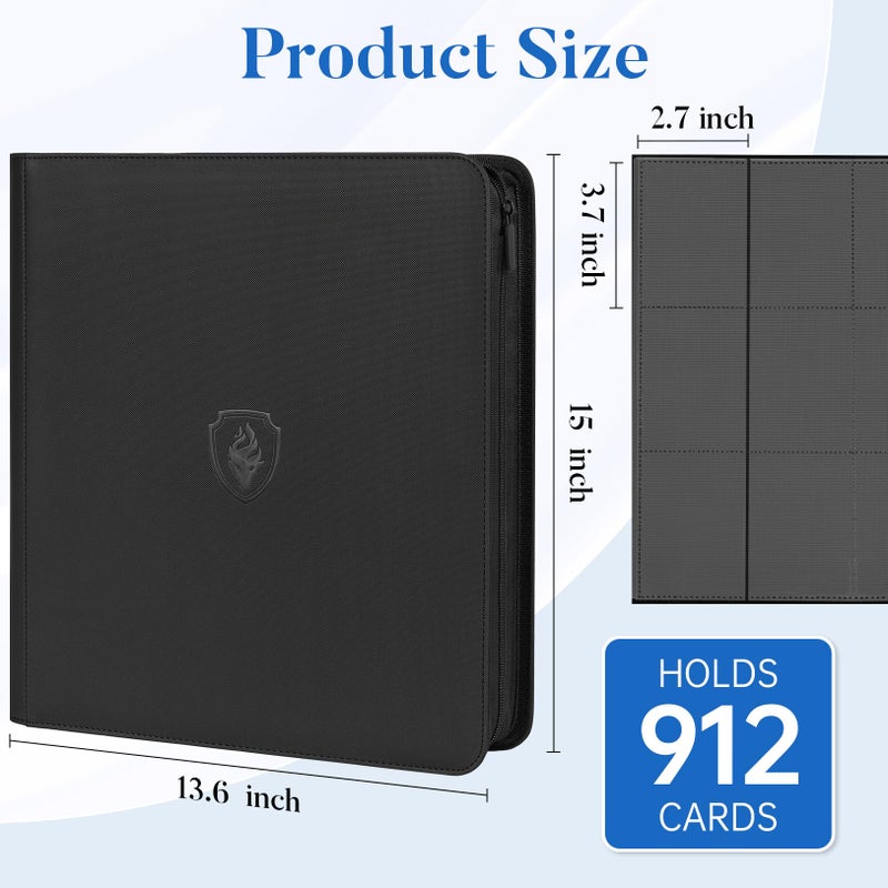 Fabmaker Premium Zip Card Binder 12 Pocket, Fabmaker 912 Pockets Trading Card Binder, PU Zipper Card Collection Album, Sturdy Side-Loading Card Book Holder for Game & Sports Cards, Black - Image 3