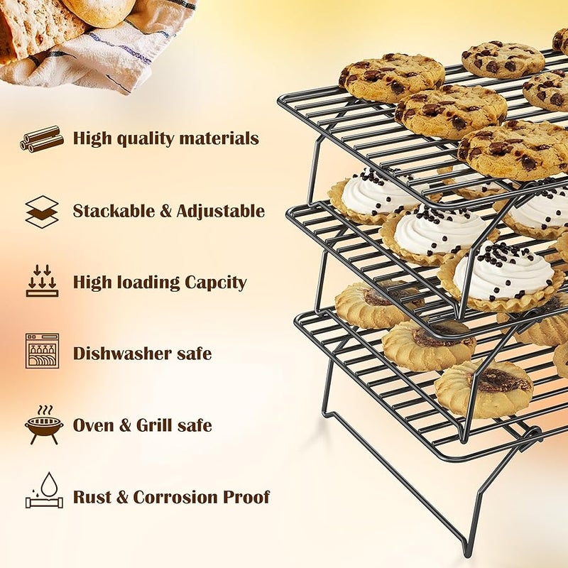 Qukaka رف تبريد قابل للتكديس من 3 طبقات من كوكاكا للبسكويت والبيتزا والكيك - 15.75×10 انش - رفوف تبريد شديدة التحمل للطبخ والخبز، مستلزمات خبز امنة للاستخدام في الفرن وغسالة الصحون - اسود - Image 2
