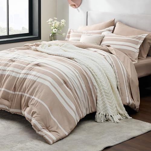 Bedsure Bedsure Queen Comforter Set 7 Pieces Light Camel Striped Bedding Set for Queen Size Bed Reversible Cationic Dyeing Bed in a Bag with Comforter Sheets Pillowcases  Shams 