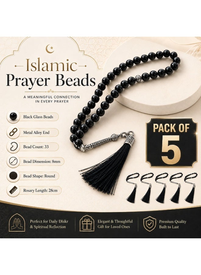 Fabienne Pack of 5 Prayer Beads Black Tasbeeh Beads 33 with Tassel 8mm Glass Beads Misbaha Islamic Zikr Beads Muslim Rosary Sibha for Ramadan Hajj Umrah Gift Set - Image 2