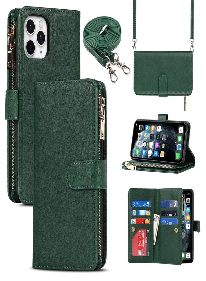 Jaorty for iPhone 11 Pro Max Phone Case Wallet for Women Men with Card Holder,for iPhone 11 Pro Max Crossbody Case with Strap Shoulder Lanyard, Zipper Pocket PU Leather Cases,6.7 Inch Dark Green - Image 1