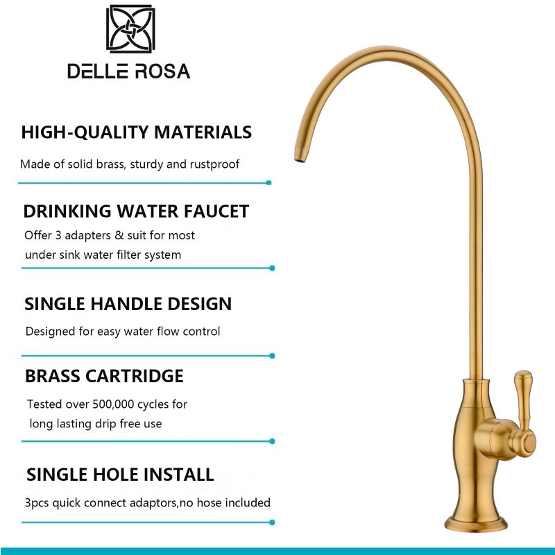 Delle Rosa Brushed Gold Drinking Water Faucet, Commercial Water Filtration Faucet for Under Sink Water Filter System,Solid Brass Drinking Water Purifier Faucets,Brushed Gold(Deep Gold) - Image 2