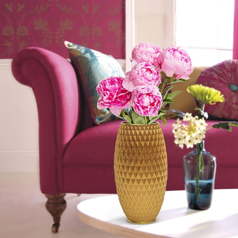 Suanti Gold Flower Vase 28cm Tall,Handmade&Hand-Painted Luxury Resin Vase for Flowers with Geometric Diamond Pattern for Living Room Kitchen Floor/Table,Vintage Decorative Centerpiece Vase-Giftable - Image 5