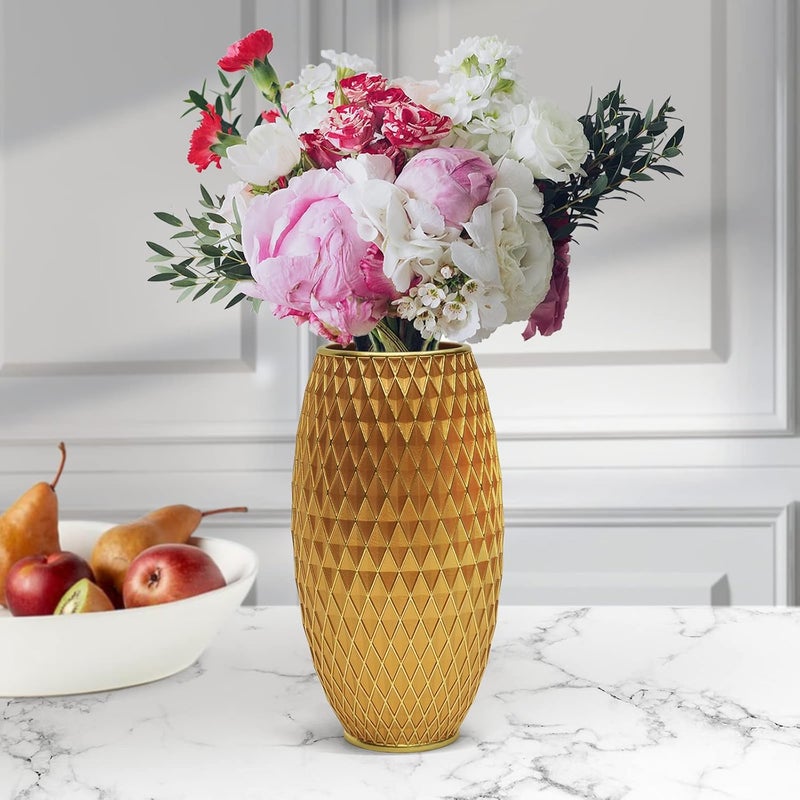 Suanti Gold Flower Vase 28cm Tall,Handmade&Hand-Painted Luxury Resin Vase for Flowers with Geometric Diamond Pattern for Living Room Kitchen Floor/Table,Vintage Decorative Centerpiece Vase-Giftable - Image 3