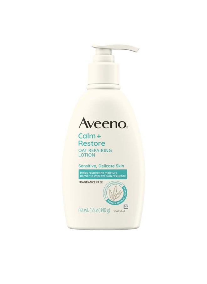 Aveeno - Calm + Restore Oat Repairing Body Lotion for Sensitive Skin, Daily Moisturizer with Prebiotic Oat, Aloe & Pro-Vitamin B5 Helps Restore Skin's Moisture Barrier, Fragrance Free, 12 oz - Image 1