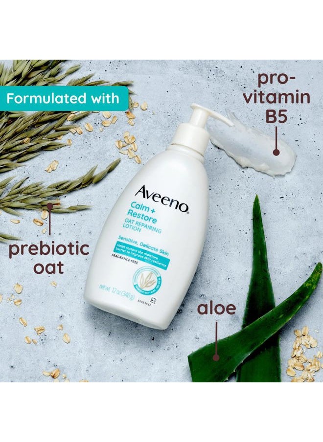 Aveeno - Calm + Restore Oat Repairing Body Lotion for Sensitive Skin, Daily Moisturizer with Prebiotic Oat, Aloe & Pro-Vitamin B5 Helps Restore Skin's Moisture Barrier, Fragrance Free, 12 oz - Image 1