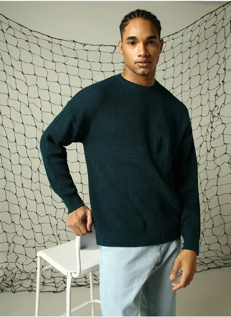 Hubberholme Men's Teal 100% Acrylic Solid Oversized Sweater