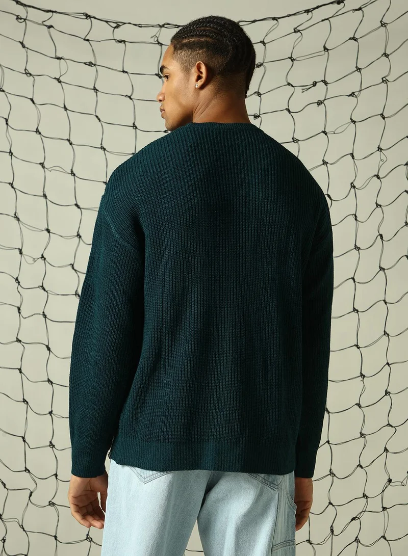 Hubberholme Men's Teal 100% Acrylic Solid Oversized Sweater