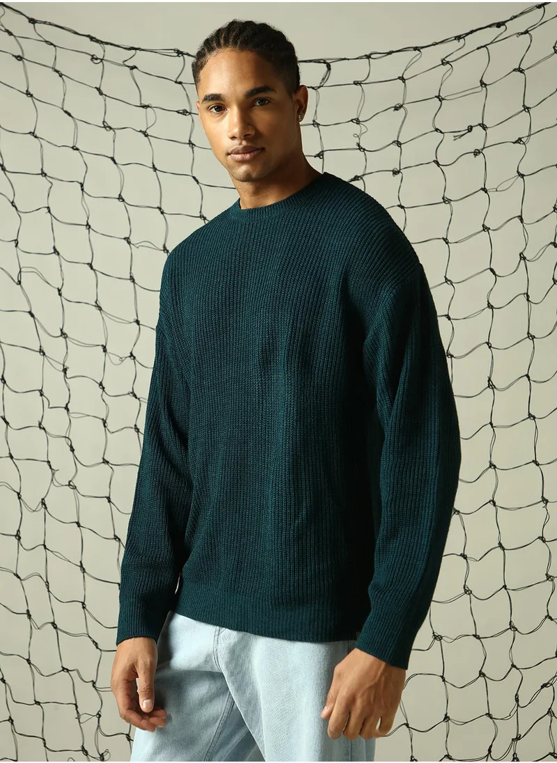 Hubberholme Men's Teal 100% Acrylic Solid Oversized Sweater