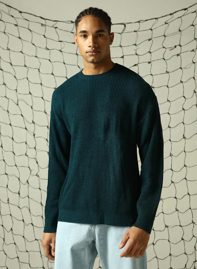 Hubberholme Men's Teal 100% Acrylic Solid Oversized Sweater