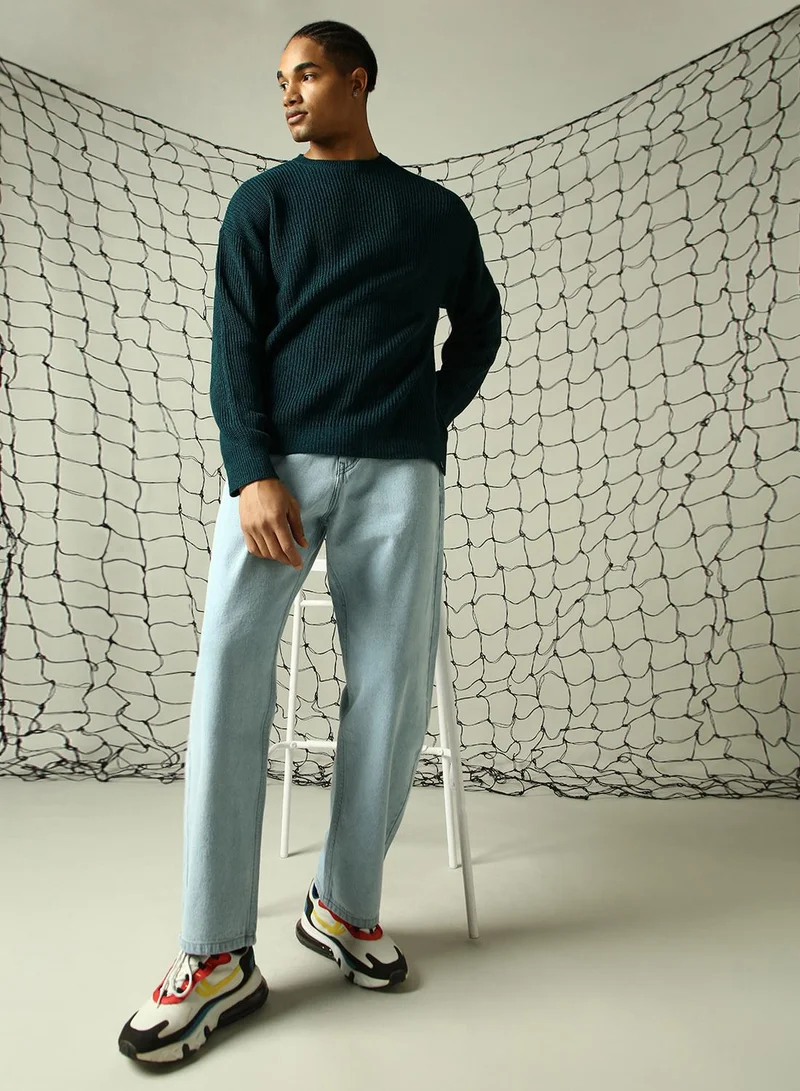 Hubberholme Men's Teal 100% Acrylic Solid Oversized Sweater