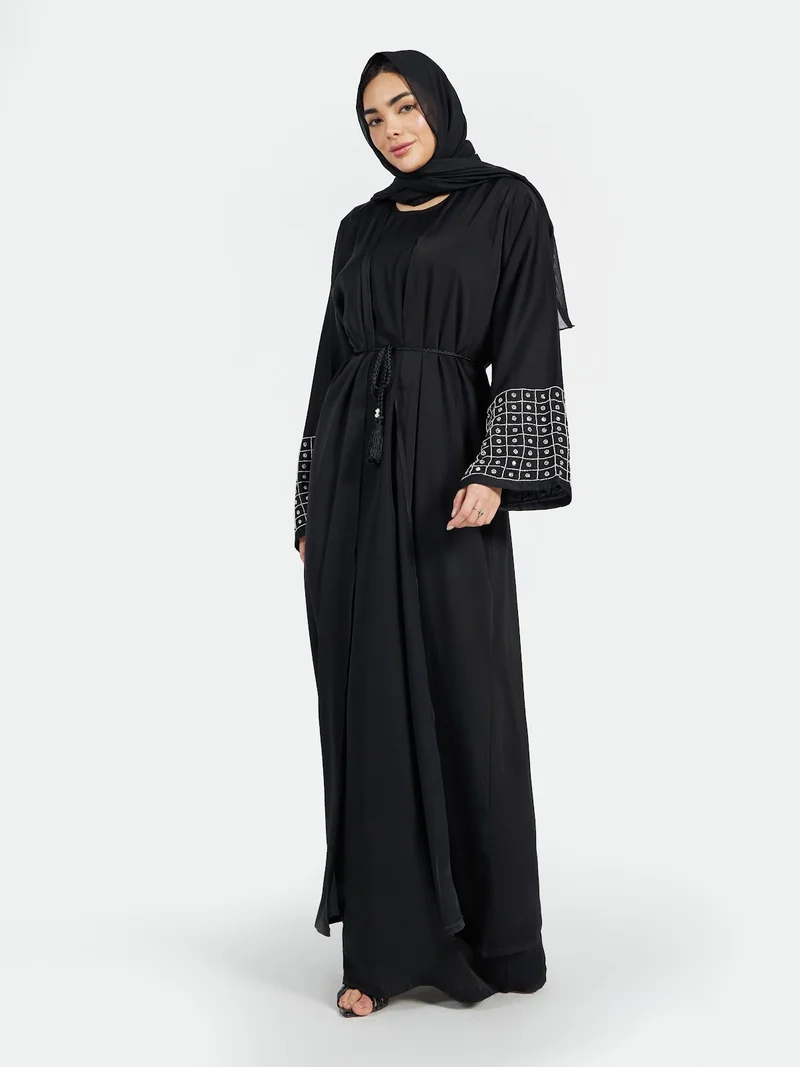 Reem Abayas Women's Black Abaya with Geometric Grid Embroidered Sleeves