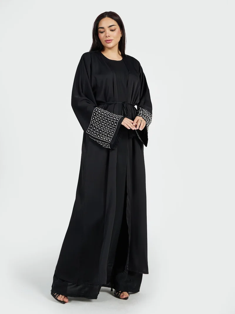 Reem Abayas Women's Black Abaya with Geometric Grid Embroidered Sleeves