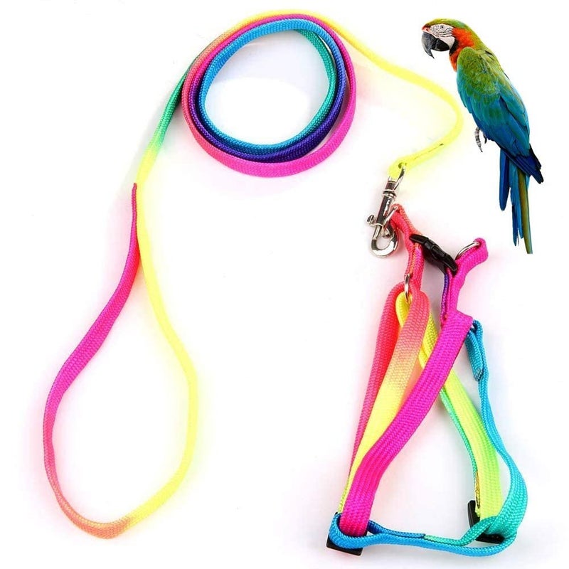 Pups&Pets Bird Rainbow Color Harness and Leash Set | Safe Adjustable Harness with Buckle | Long 47inch Anti bite Training Rope Leash for Macaw & Large Size Birds (Width - 10 MM) - Image 1