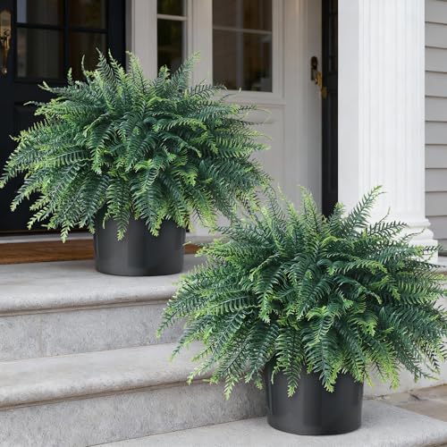 FOTEEWL Artificial Ferns Potted Plant for Front Door Decoration - 2 Sets UV Resistant Realistic Bush Faux Greenery Fern Potted Fake Plants for Home Garden Porch Farmhouse Decor - Image 1