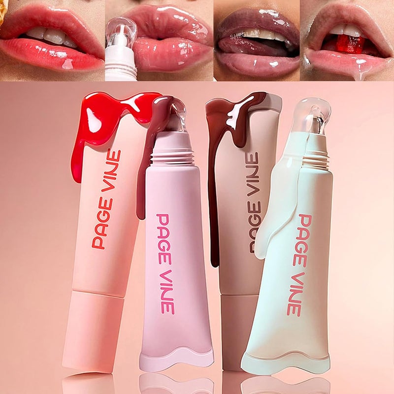 4 Colors Hydrating Jelly Lip Gloss Moisturizing Tinted Lip Balm Long Lasting Waterproof NonStick Cup Lip Glaze Set High Shine Mirror Liquid Lipsticks Brighten Plumping Lipstick