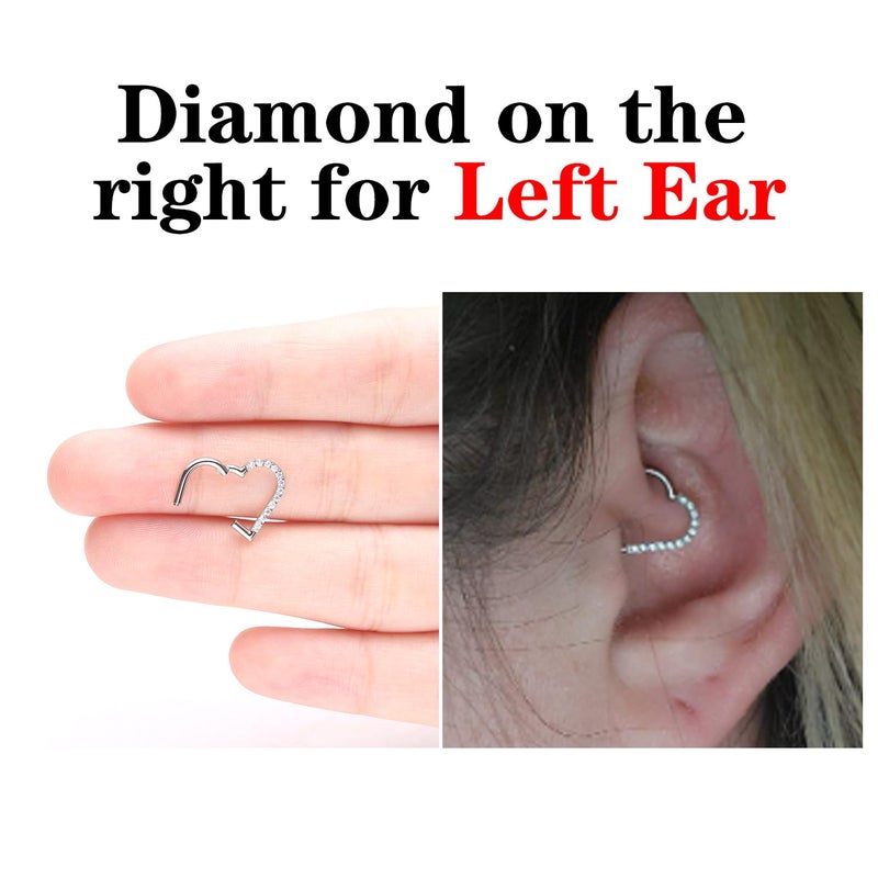 VOJO 16G G23 Titanium Daith Piercing Jewelry Heart Clicker Cartilage Tragus Earring Women (8mm,For Left Ear Silver) - Image 2