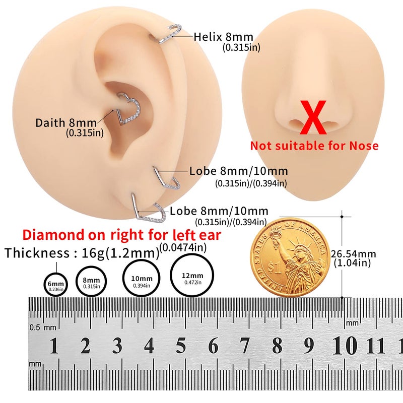 VOJO 16G G23 Titanium Daith Piercing Jewelry Heart Clicker Cartilage Tragus Earring Women (8mm,For Left Ear Silver) - Image 5
