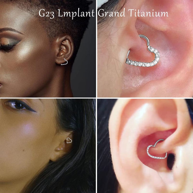 VOJO 16G G23 Titanium Daith Piercing Jewelry Heart Clicker Cartilage Tragus Earring Women (8mm,For Left Ear Silver) - Image 3