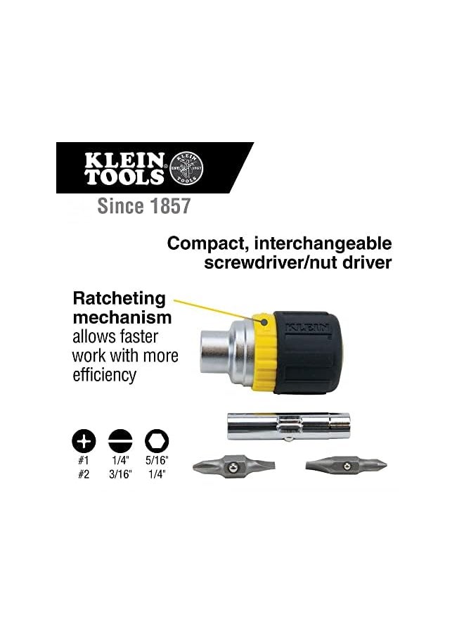 Klein Tools - 32593 Multi Bit Ratcheting Screwdriver 6 In 1 Stubby Tool With Phillips And Slotted Bits And 2 Nut Driver Sizes - Image 1