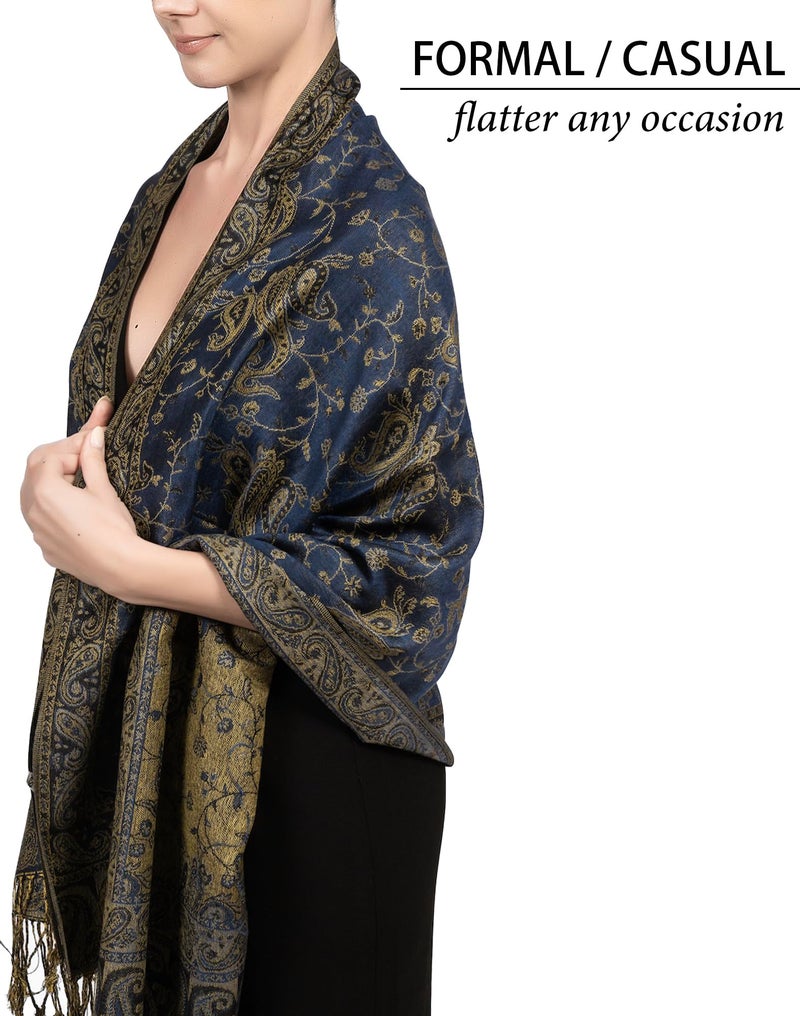 Achillea Soft Silky Reversible Paisley Pashmina Shawl Wrap Scarf w/Fringes (Light Navy) - Image 4