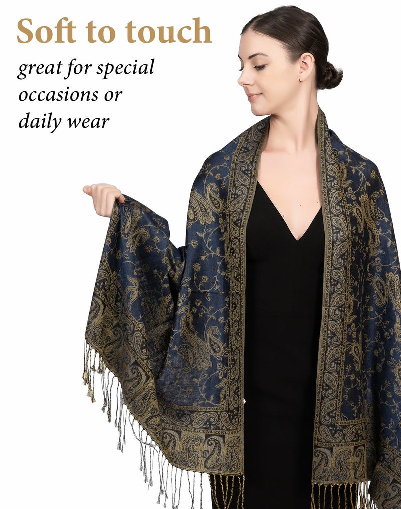 Achillea Soft Silky Reversible Paisley Pashmina Shawl Wrap Scarf w/Fringes (Light Navy) - Image 2