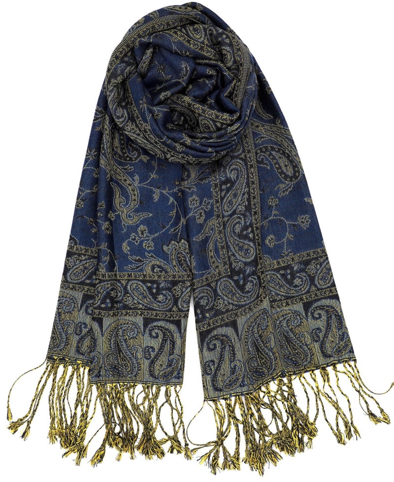 Achillea Soft Silky Reversible Paisley Pashmina Shawl Wrap Scarf w/Fringes (Light Navy) - Image 3